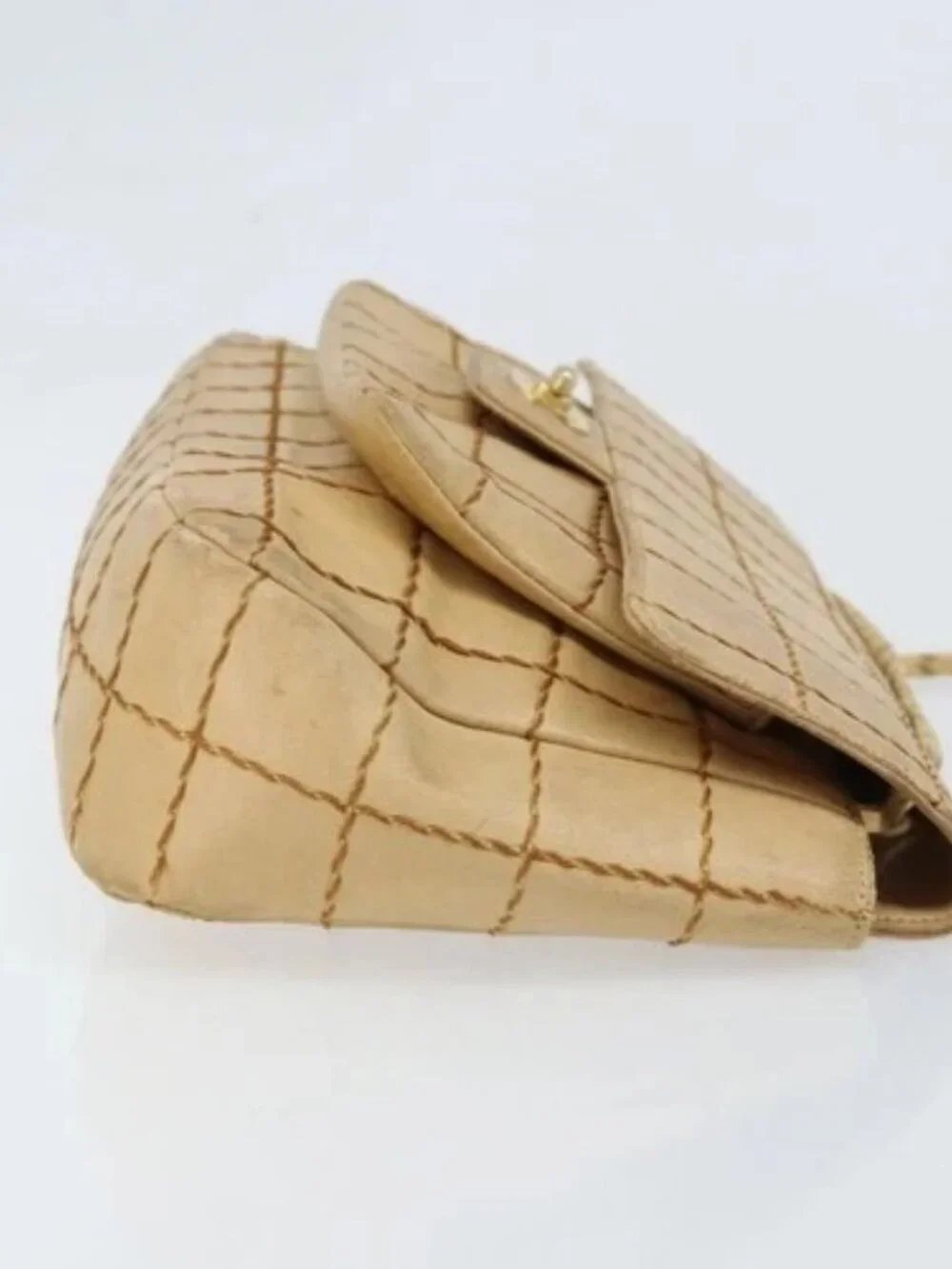 CHANEL Wild Stitch Choco Bar Chain Bag Lamb Skin Beige Gold CC Auth gh2006